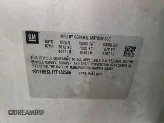 2015 Chevrolet Malibu LS with VIN 1G11B5SL1FF132508, listed as a Copart auction lot 54550035 with 172,259 mi miles and Non Repairable. Bid and sale history available at DreamBid. Image 12.