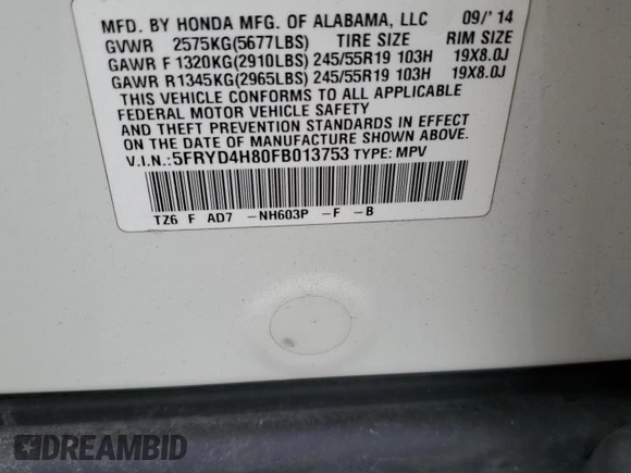 2015 Acura MDX Advance/Entertainment Pkg with VIN 5FRYD4H80FB013753, listed as a Copart auction lot 46831115 with 171,227 mi miles and Salvage Title. Bid and sale history available at carsss.com. Image 15.