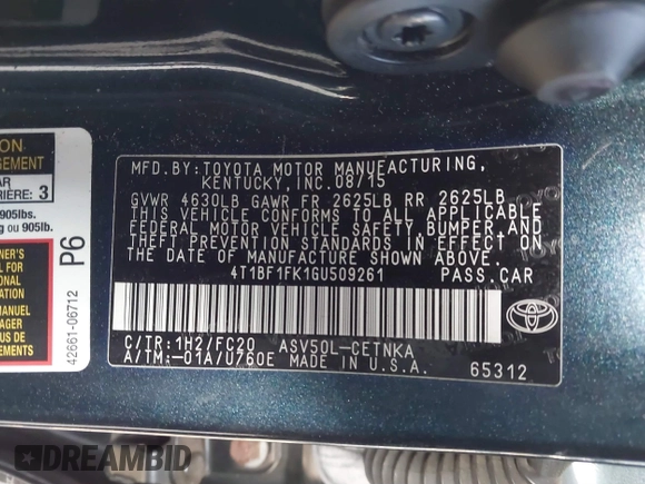 2016 Toyota Camry XLE with VIN 4T1BF1FK1GU509261, listed as a IAAI auction lot 41296127 with 159,300 mi miles and . Bid and sale history available at DreamBid. Image 9.