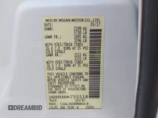 2017 Nissan Frontier SV with VIN 1N6DD0ER8HN755518, listed as a IAAI auction lot 42560431 with 54,629 mi miles and . Bid and sale history available at DreamBid. Image 9.