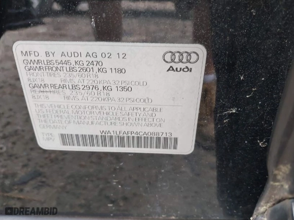 2012 Audi Q5 2.0T Premium Plus with VIN WA1LFAFP4CA088713, listed as a IAAI auction lot 41831827 with 117,511 mi miles. Bid and sale history available at carsss.com. Image 9.