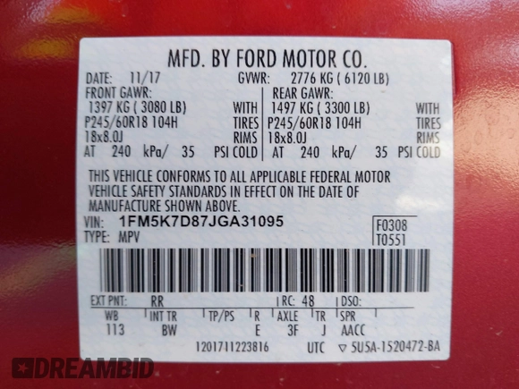 2018 Ford Explorer XLT with VIN 1FM5K7D87JGA31095, listed as a IAAI auction lot 41858003 with 115,219 mi miles and . Bid and sale history available at DreamBid. Image 9.