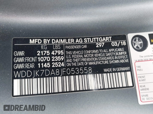 2018 Mercedes-Benz SL 550 with VIN WDDJK7DA8JF053558, listed as a IAAI auction lot 41362569 with 68,339 mi miles and . Bid and sale history available at DreamBid. Image 9.