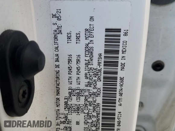 2021 Toyota Tacoma SR5 z VIN 3TMBZ5DN6MM031399, wystawiony jako Copart lot #82078704 z przebiegiem 139 358 mil mil oraz Czysty tytuł • Clean title. Historia ofert i sprzedaży dostępna na DreamBid. Obrazek 12.