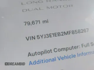 2021 Tesla Model 3 Long Range with VIN 5YJ3E1EB2MF858267, listed as a IAAI auction lot 41782360 with 79,671 mi miles and . Bid and sale history available at DreamBid. Image 15.