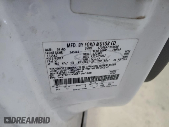 2005 Ford F-150 STX with VIN 1FTRX12W85FB60206, listed as a Copart auction lot 44355625 with 102,737 mi miles and Salvage Title. Bid and sale history available at carsss.com. Image 12.