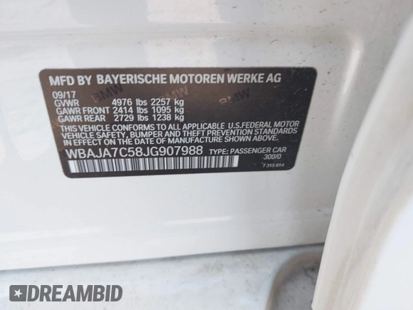 2018 BMW 5 Series 530i xDrive with VIN WBAJA7C58JG907988, listed as a IAAI auction lot 38011708 with Not provided miles and . Bid and sale history available at DreamBid. Image 9.