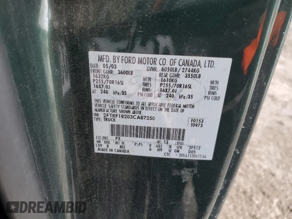2003 Ford F-150 XL with VIN 2FTRF18203CA87350, listed as a Copart auction lot 42330695 with Not provided miles and Salvage title. Bid and sale history available at DreamBid. Image 14.