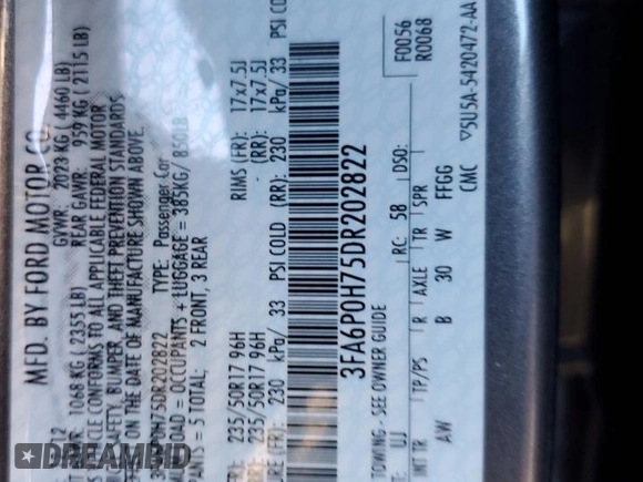 2013 Ford Fusion SE with VIN 3FA6P0H75DR202822, listed as a Copart auction lot 47117775 with 104,094 mi miles and Salvage Title. Bid and sale history available at carsss.com. Image 12.