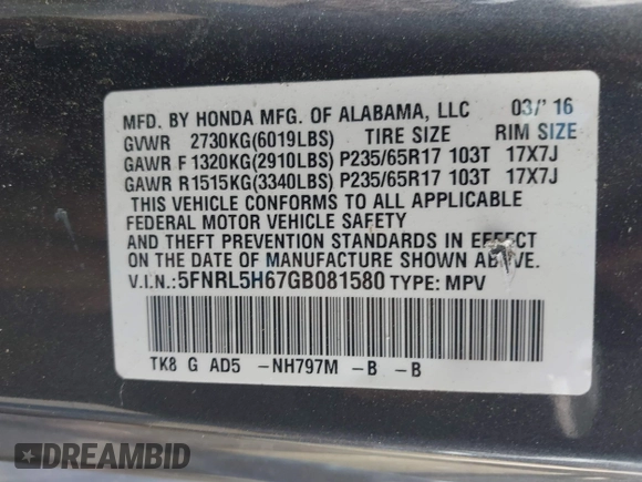 2016 Honda Odyssey EX-L with VIN 5FNRL5H67GB081580, listed as a IAAI auction lot 41935281 with 201,000 mi miles and . Bid and sale history available at DreamBid. Image 8.