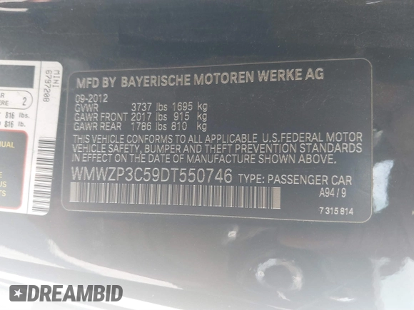 2013 MINI Convertible S with VIN WMWZP3C59DT550746, listed as a IAAI auction lot 39538986 with 59,934 mi miles and . Bid and sale history available at DreamBid. Image 9.