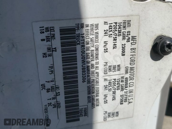 1998 Ford Ranger XL с VIN 1FTYR10U0WUB83306, выставлен на аукционе Copart как лот 53581515 с пробегом 143 834 миль миль и Чистый • Clean title. История ставок и продаж доступна на DreamBid. Изображение 13.