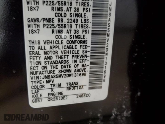 2013 Nissan Rogue SL with VIN JN8AS5MV2DW131696, listed as a Copart auction lot 45771665 with 86,077 mi miles and Salvage Title. Bid and sale history available at DreamBid. Image 15.