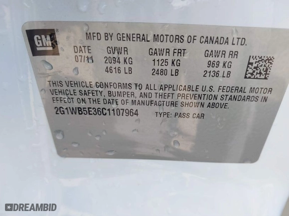2012 Chevrolet Impala LT Retail with VIN 2G1WB5E36C1107964, listed as a IAAI auction lot 41639522 with NaN miles. Bid and sale history available at carsss.com. Image 9.