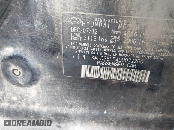 2013 Hyundai Elantra with VIN KMHD35LE4DU072200, listed as a IAAI auction lot 42772662 with 171,578 mi miles and . Bid and sale history available at DreamBid. Image 9.