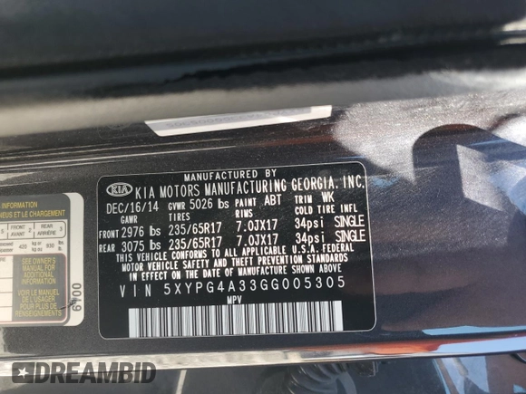 2016 Kia Sorento LX with VIN 5XYPG4A33GG005305, listed as a Copart auction lot 55771995 with 127,874 mi miles and Clean Title. Bid and sale history available at carsss.com. Image 12.