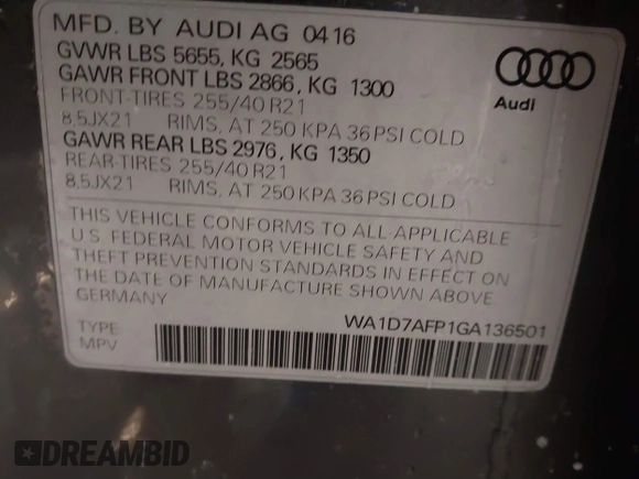 2016 Audi Q5 Premium Plus with VIN WA1D7AFP1GA136501, listed as a IAAI auction lot 41360328 with 73,393 mi miles. Bid and sale history available at carsss.com. Image 9.