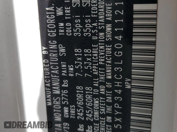 2020 Kia Telluride EX with VIN 5XYP34HC3LG041121, listed as a Copart auction lot 52968355 with 95,543 mi miles and Salvage title. Bid and sale history available at DreamBid. Image 16.
