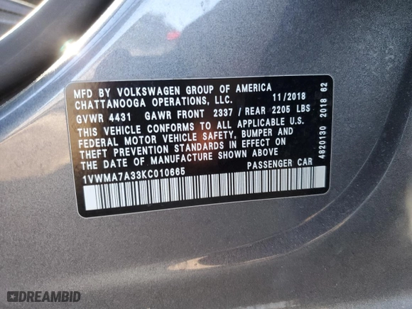 2019 Volkswagen Passat 2.0T SE R-Line with VIN 1VWMA7A33KC010665, listed as a Copart auction lot 41783095 with NaN miles and Salvage Title. Bid and sale history available at carsss.com. Image 14.