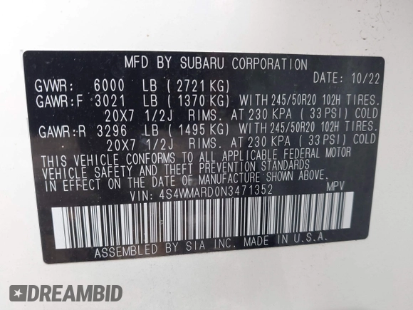 2022 Subaru Ascent Touring with VIN 4S4WMARD0N3471352, listed as a IAAI auction lot 42200783 with 33,714 mi miles and . Bid and sale history available at DreamBid. Image 9.