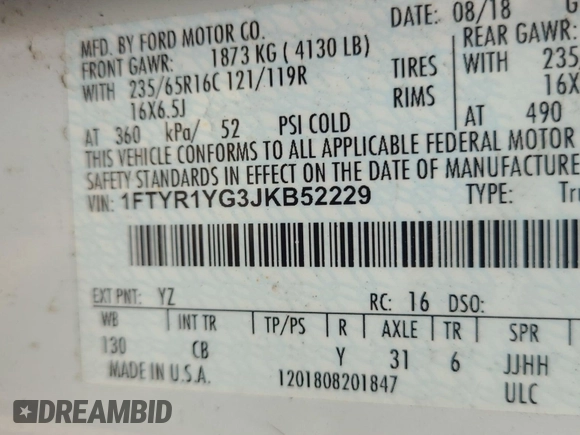 2018 Ford Transit with VIN 1FTYR1YG3JKB52229, listed as a IAAI auction lot 42774229 with 119,639 mi miles and . Bid and sale history available at DreamBid. Image 25.