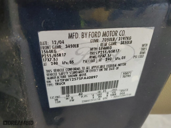 2005 Ford F-150 XLT with VIN 1FTPW12575FA40897, listed as a Copart auction lot 49133655 with 192,370 mi miles and Salvage Title. Bid and sale history available at carsss.com. Image 12.