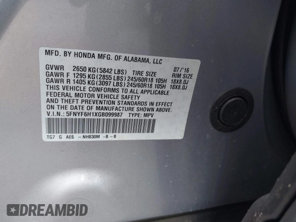 2016 Honda Pilot LX with VIN 5FNYF6H1XGB099987, listed as a IAAI auction lot 41556979 with 98,373 mi miles. Bid and sale history available at carsss.com. Image 9.