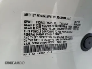 2019 Honda Pilot EX-L z VIN 5FNYF6H55KB080078, wystawiony jako Copart lot #55938415 z przebiegiem 54 857 mil mil oraz Szkoda całkowita • Salvage title. Historia ofert i sprzedaży dostępna na DreamBid. Obrazek 13.