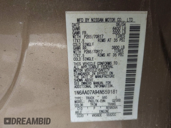 2004 Nissan Titan LE with VIN 1N6AA07A94N559181, listed as a IAAI auction lot 41637533 with Not Provided miles and . Bid and sale history available at DreamBid. Image 9.