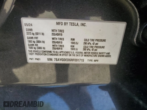 2024 Tesla Model Y with VIN 7SAYGDED6RF091715, listed as a Copart auction lot 56535585 with 23,120 mi miles and Salvage title. Bid and sale history available at DreamBid. Image 13.