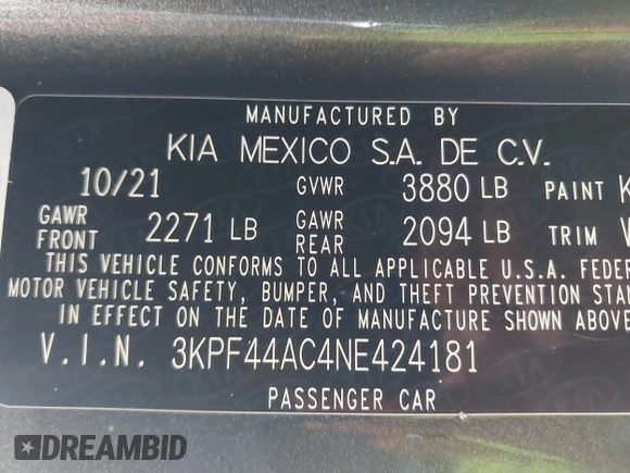 2022 Kia Forte GT with VIN 3KPF44AC4NE424181, listed as a IAAI auction lot 41857816 with 52,832 mi miles. Bid and sale history available at carsss.com. Image 9.