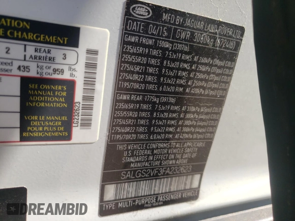 2015 Land Rover Range Rover HSE with VIN SALGS2VF3FA232623, listed as a Copart auction lot 36095313 with Not provided miles and Salvage title. Bid and sale history available at DreamBid. Image 13.