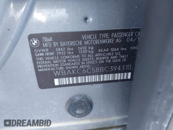 2011 BMW 7 Series 750i xDrive with VIN WBAKC6C58BC394310, listed as a IAAI auction lot 41226102 with 183,907 mi miles and . Bid and sale history available at DreamBid. Image 9.