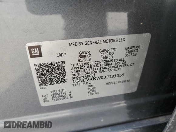 2018 Chevrolet Traverse High Country with VIN 1GNEVKKW0JJ131355, listed as a Copart auction lot 51541225 with 105,886 mi miles and Clean title. Bid and sale history available at DreamBid. Image 13.