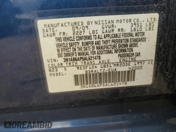 2010 Nissan Sentra S with VIN 3N1AB6AP5AL621478, listed as a Copart auction lot 60375765 with 124,019 mi miles and Salvage title. Bid and sale history available at DreamBid. Image 12.