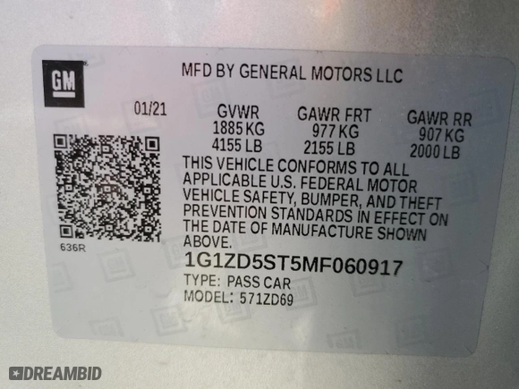 2021 Chevrolet Malibu LT with VIN 1G1ZD5ST5MF060917, listed as a Copart auction lot 47898485 with 74,490 mi miles and Salvage Title. Bid and sale history available at carsss.com. Image 12.