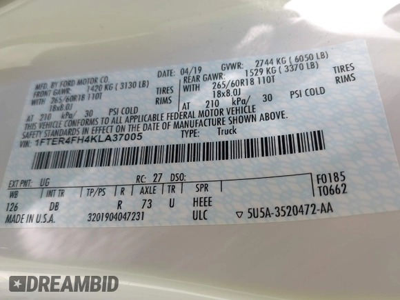 2019 Ford Ranger XL with VIN 1FTER4FH4KLA37005, listed as a IAAI auction lot 42399603 with 38,827 mi miles and . Bid and sale history available at DreamBid. Image 9.
