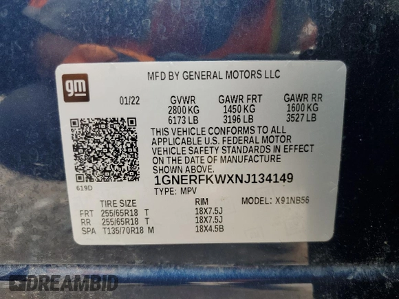 2022 Chevrolet Traverse LS with VIN 1GNERFKWXNJ134149, listed as a Copart auction lot 58736915 with 73,431 mi miles and Salvage title. Bid and sale history available at DreamBid. Image 14.