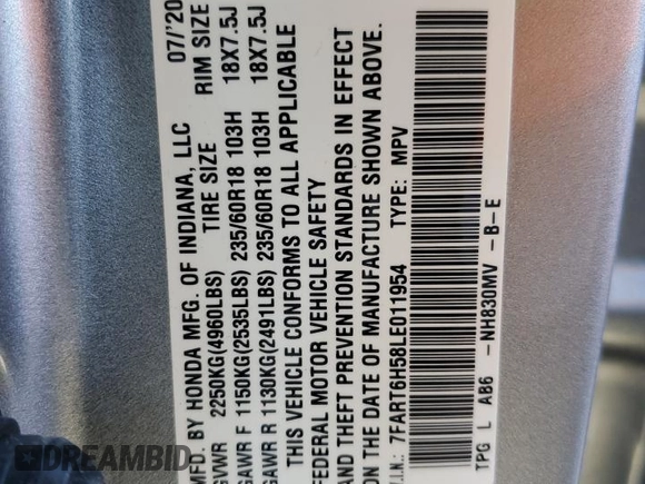 2020 Honda CR-V EX with VIN 7FART6H58LE011954, listed as a Copart auction lot 46281645 with 21,015 mi miles and Salvage Title. Bid and sale history available at DreamBid. Image 13.