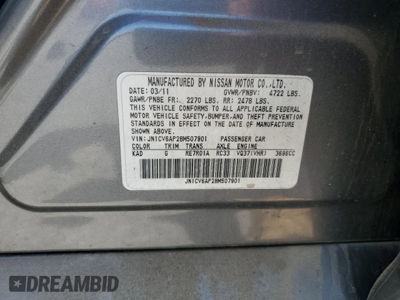 2011 Infiniti G37 Journey with VIN JN1CV6AP2BM507901, listed as a Copart auction lot 55707405 with Not Provided miles and Clean Title. Bid and sale history available at DreamBid. Image 12.