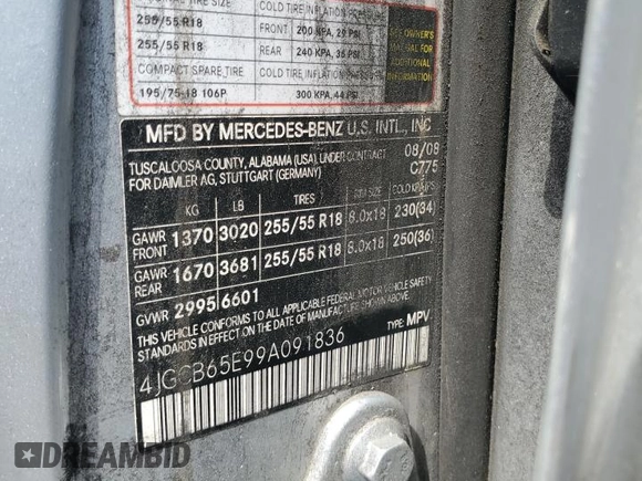 2009 Mercedes-Benz R 3.5L with VIN 4JGCB65E99A091836, listed as a Copart auction lot 53482365 with 231,540 mi miles and Clean Title. Bid and sale history available at DreamBid. Image 12.