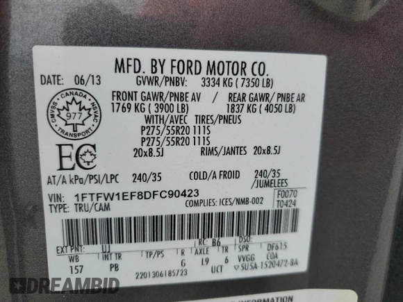 2013 Ford F-150 XL with VIN 1FTFW1EF8DFC90423, listed as a Copart auction lot 60133315 with 222,070 mi miles and Salvage title. Bid and sale history available at DreamBid. Image 12.