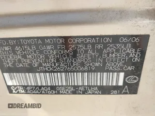 2006 Lexus IS 250 with VIN JTHCK262765006819, listed as a IAAI auction lot 42408122 with 174,234 mi miles and . Bid and sale history available at DreamBid. Image 9.
