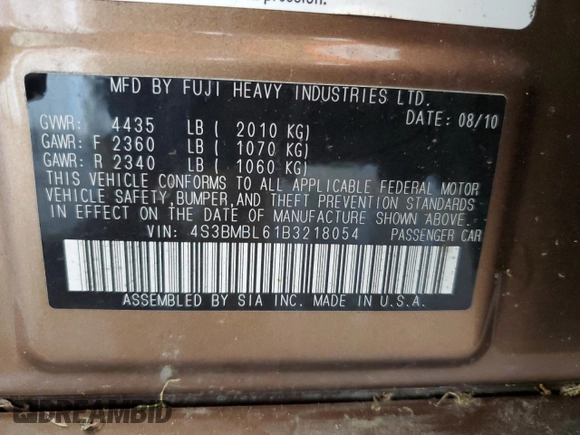 2011 Subaru Legacy Limited Power Moon с VIN 4S3BMBL61B3218054, выставлен на аукционе Copart как лот 60506895 с пробегом 115 006 миль миль и Списание • Salvage title. История ставок и продаж доступна на DreamBid. Изображение 12.