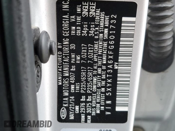 2015 Kia Sorento LX with VIN 5XYKT3A6XFG601732, listed as a Copart auction lot 49853875 with 108,466 mi miles and Salvage Title. Bid and sale history available at DreamBid. Image 13.