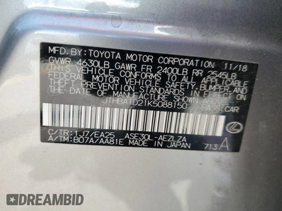 2019 Lexus IS 300 with VIN JTHBA1D21K5088150, listed as a Copart auction lot 58271165 with Not provided miles and Salvage title. Bid and sale history available at DreamBid. Image 12.