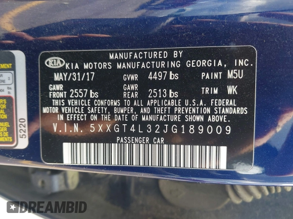 2018 Kia Optima LX with VIN 5XXGT4L32JG189009, listed as a IAAI auction lot 42010285 with 313,004 mi miles. Bid and sale history available at carsss.com. Image 9.