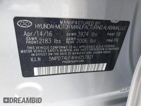 2017 Hyundai Elantra SE with VIN 5NPD74LF4HH057921, listed as a IAAI auction lot 41507037 with 106,058 mi miles and . Bid and sale history available at DreamBid. Image 9.