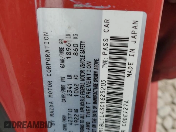 2012 Mazda 3 Mazdaspeed3 Touring with VIN JM1BL1L43C1625205, listed as a Copart auction lot 52404454 with Not Provided miles and Salvage Title. Bid and sale history available at DreamBid. Image 14.