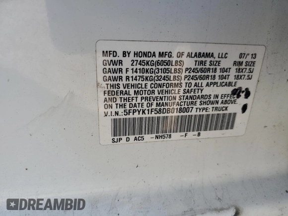 2013 Honda Ridgeline RTL with VIN 5FPYK1F58DB018007, listed as a Copart auction lot 69538464 with 165,590 mi miles and Salvage Title. Bid and sale history available at carsss.com. Image 13.